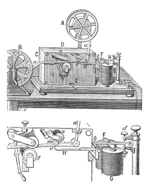 telgraf, morse aparatı, antika gravür.