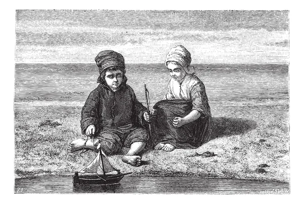 Дети смотрят на маленькую лодку на поверхности воды, винтажная гравировка . — стоковый вектор