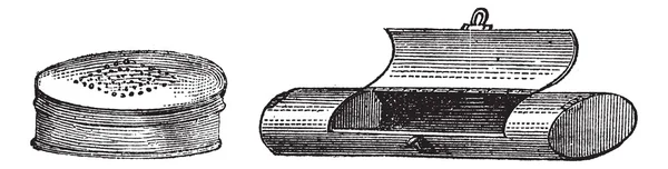 Рыболовное снаряжение, червяк и коробка с личинками. , винтажная гравировка . — стоковый вектор