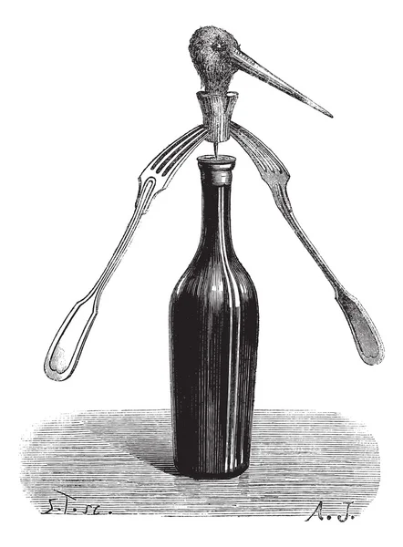 Fig 1. Revolving forks magic trick, vintage engraving. — Stock Vector