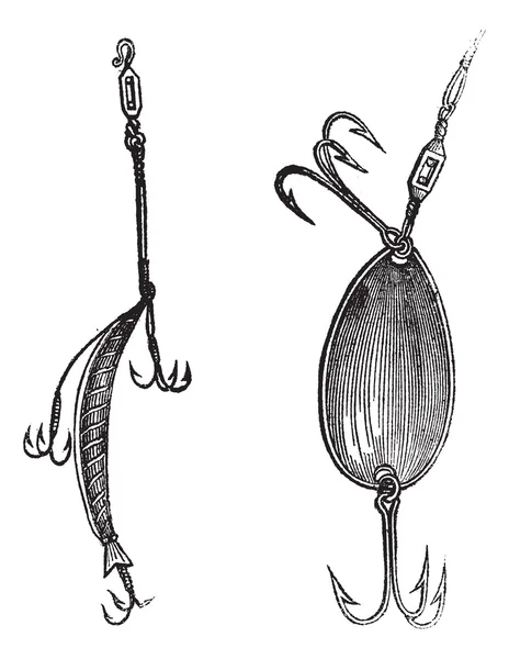 Señuelos de pesca, Fig. 86. Enchufe, Fig. 87. Cuchara, grabado vintage . — Archivo Imágenes Vectoriales