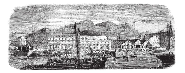 Brest harbour, britanny region, frankreich, vintage gravur. — Stockvektor
