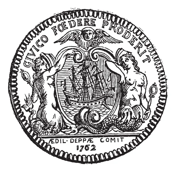 Münze der Stadt Dieppe, zeigt zwei Sirenen und ein Boot, Vinta — Stockvektor