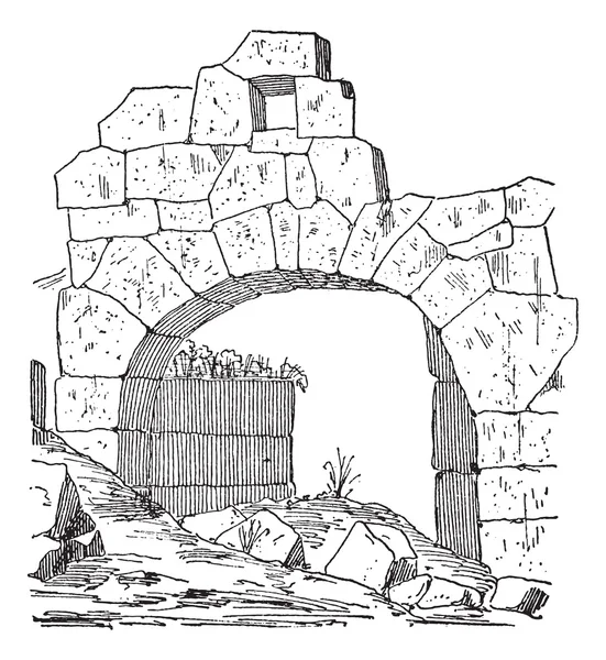 Construcción de una puerta de fortificación de piedra, arco de mampostería — Vector de stock