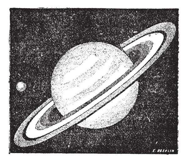 Comparação dos tamanhos de Saturno e Terra gravura vintage — Vetor de Stock