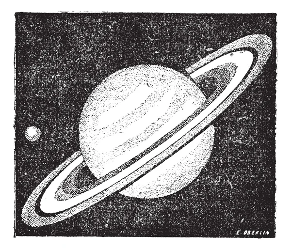 stock vector Comparison of the sizes of Saturn and Earth vintage engraving