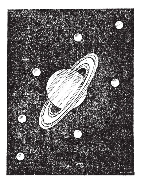 Saturno e i suoi satelliti incisione — Vettoriale Stock