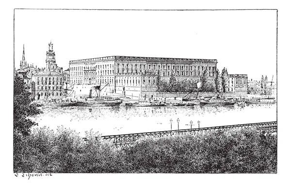 Stokholm, İsveç, antika gravür Kraliyet Sarayı. — Stok Vektör