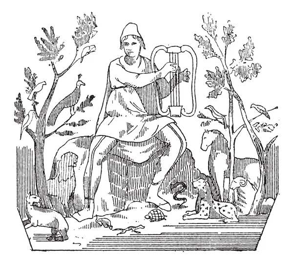 Orfeusz przyciąga dzikie zwierzęta na dźwięk jego Lira, ubierania — Wektor stockowy