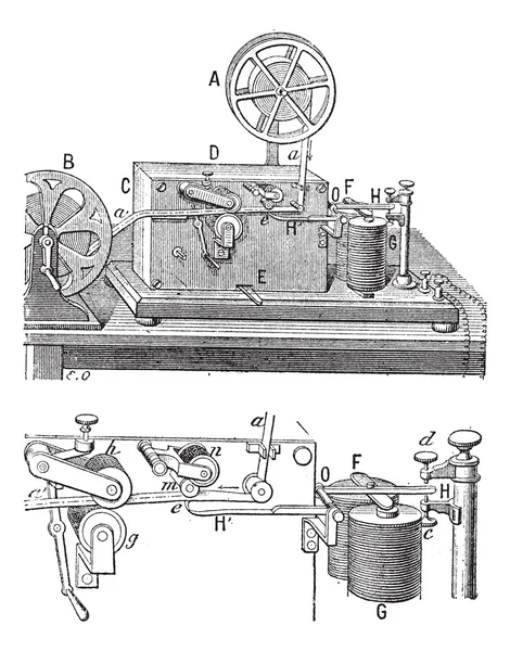 Telegraf, aparat Morse'a, Grawerowanie vintage. — Wektor stockowy
