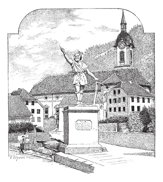 Estatua de William Tell en Altdorf, Uri, grabado vintage . — Vector de stock