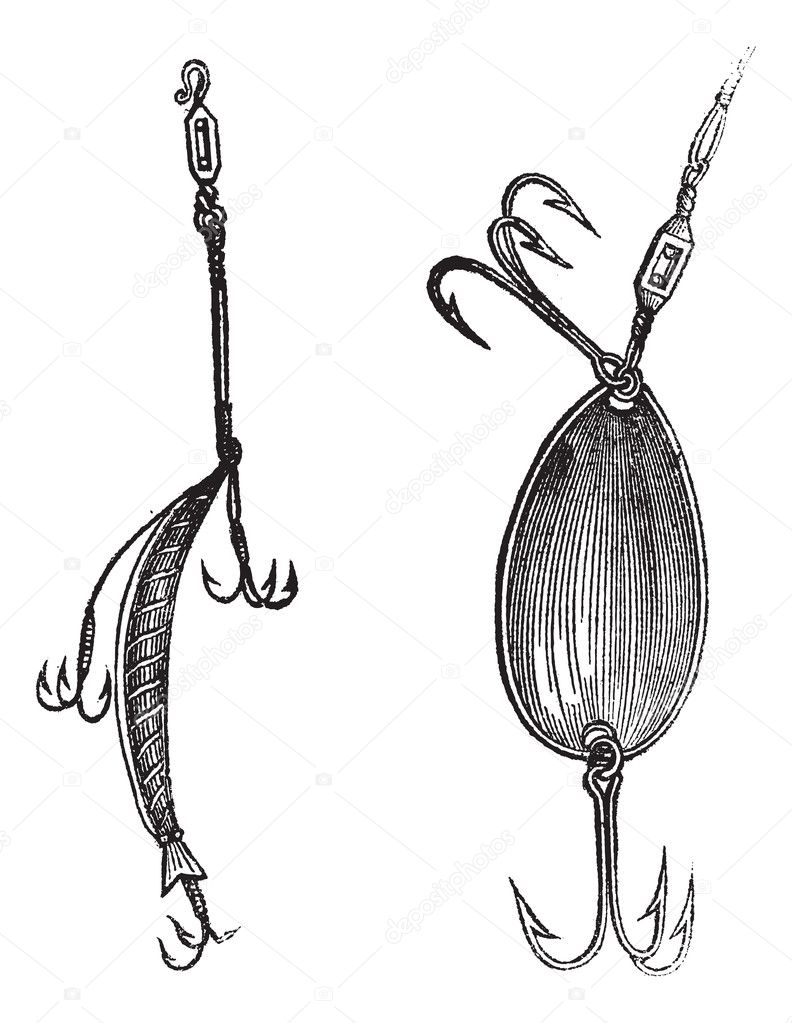Fishing Lures, Fig. 86. Plug, Fig. 87. Spoon, vintage engraving. Stock  Vector by ©Morphart 10994985
