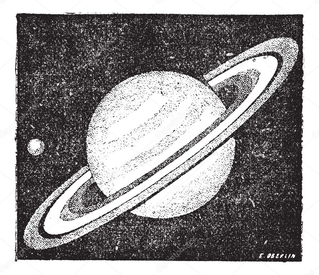 Comparison of the sizes of Saturn and Earth vintage engraving