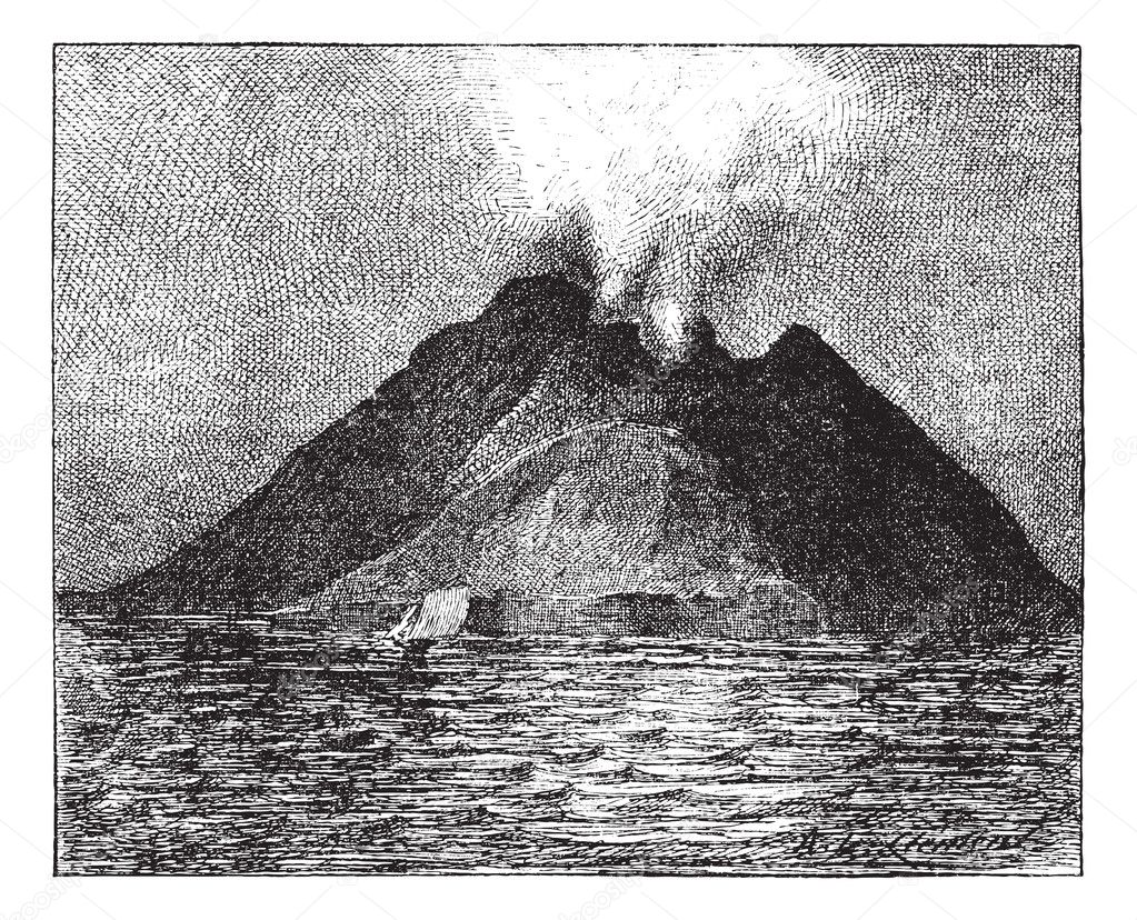 Erupting volcano, Stromboli, Italy, vintage engraving.