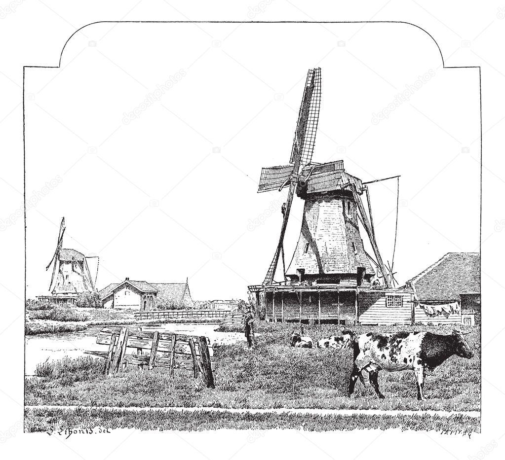Mills, Zaandam (Holland), vintage engraving.