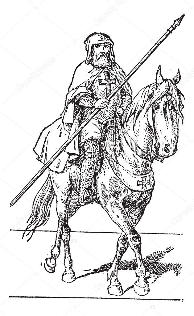 Templar on horse, vintage engraving.