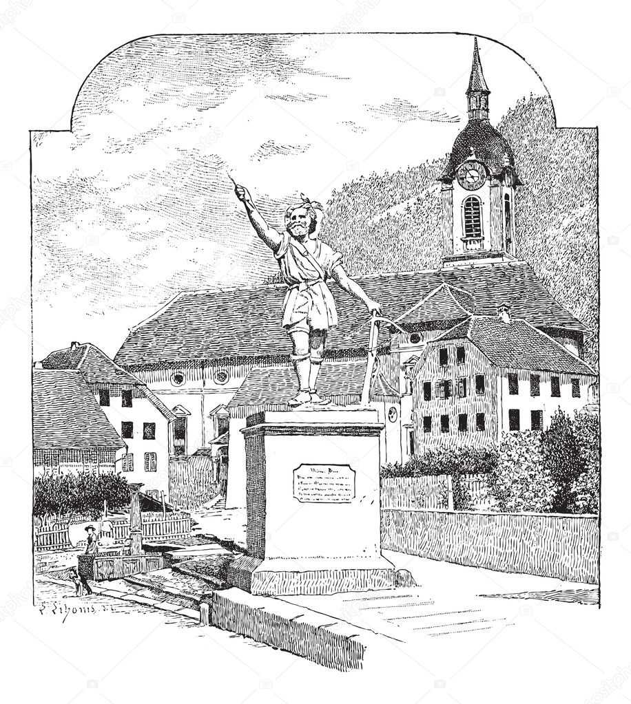 Statue of William Tell in Altdorf, Uri, vintage engraving.