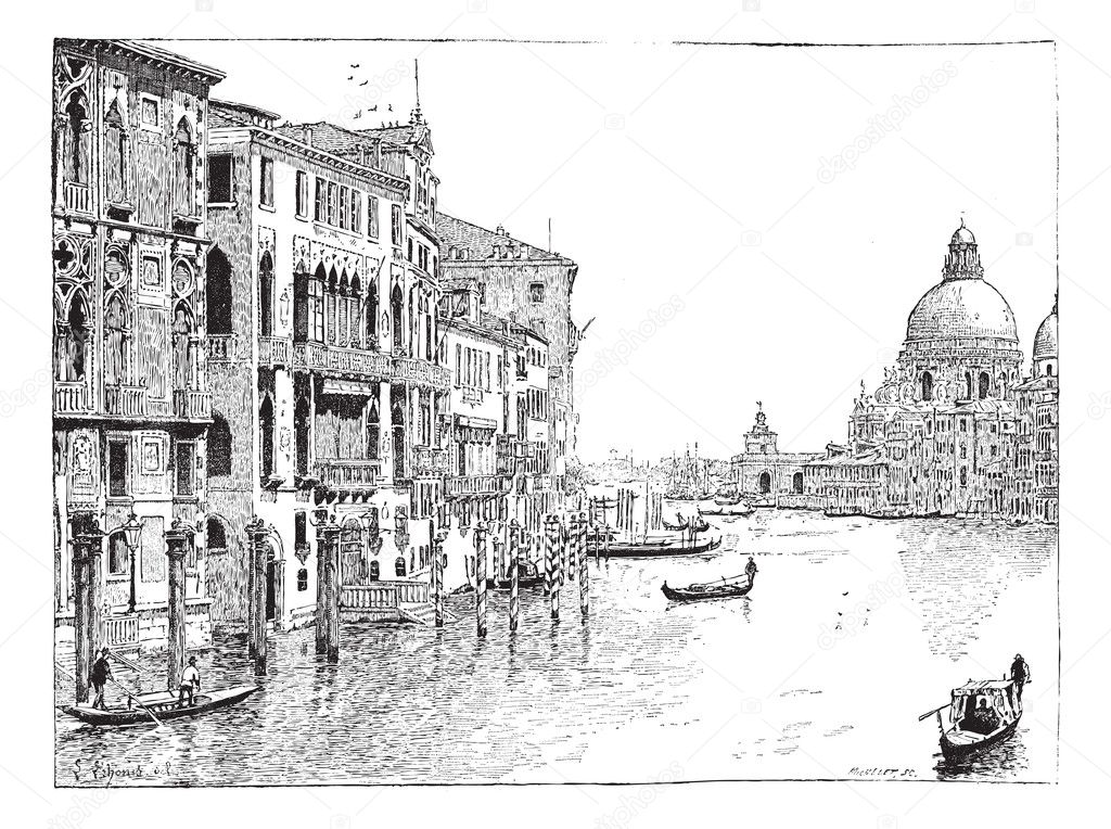 View of the Grand Canal, Venice, vintage engraving.