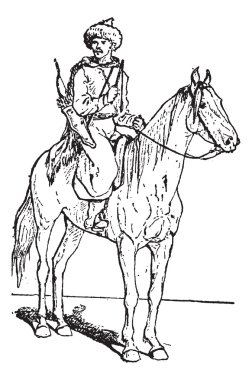 Kalmuck or Kalmyk archer on horse, vintage engraving. clipart