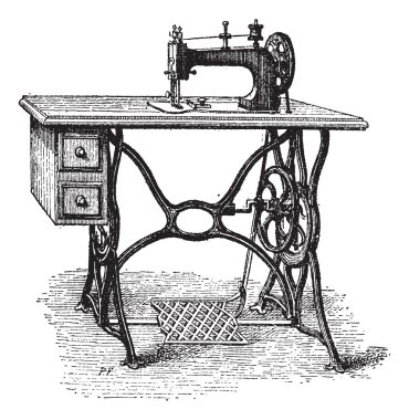 Foot-powered Sewing Machine, vintage engraving clipart