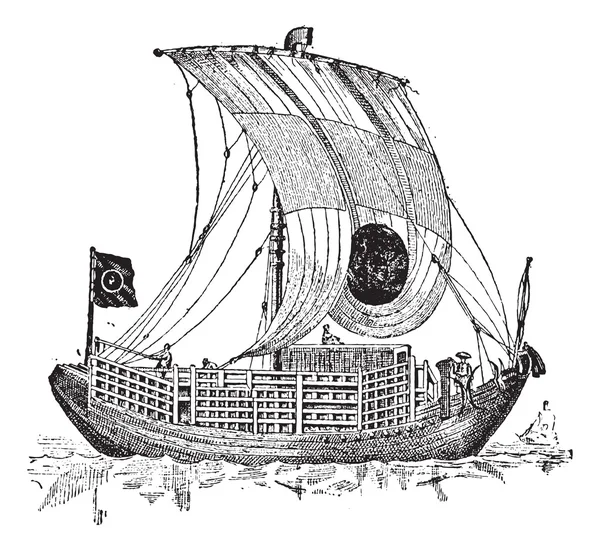 Chinesische Dschunke, ein altes Segelschiff, Vintage-Gravur. — Stockvektor