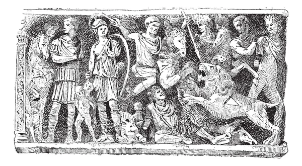 Bas-relief d'un sarcophage Jovin reims, gravure vintage . — Image vectorielle