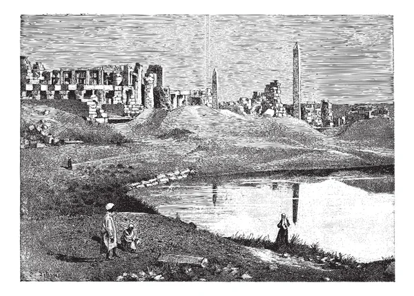 Karnak (Egypte) ruïnes van de grote tempel en obelisk, vintage nl — Stockvector