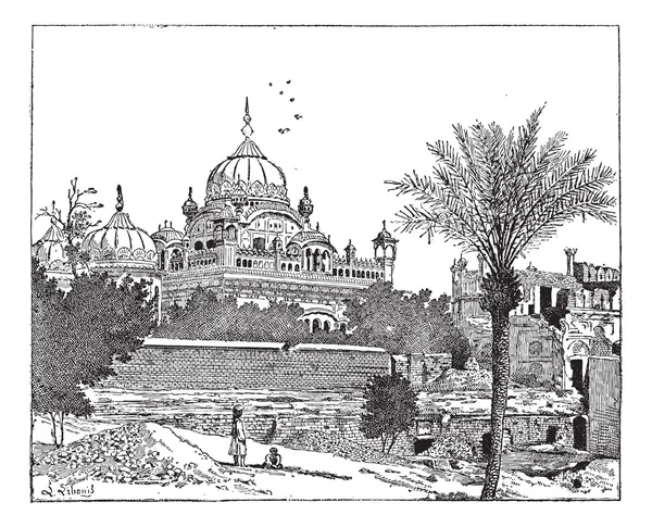 Mausoleum av ranjit singh, lahore, pakistan, vintage gravyr. — Stock vektor