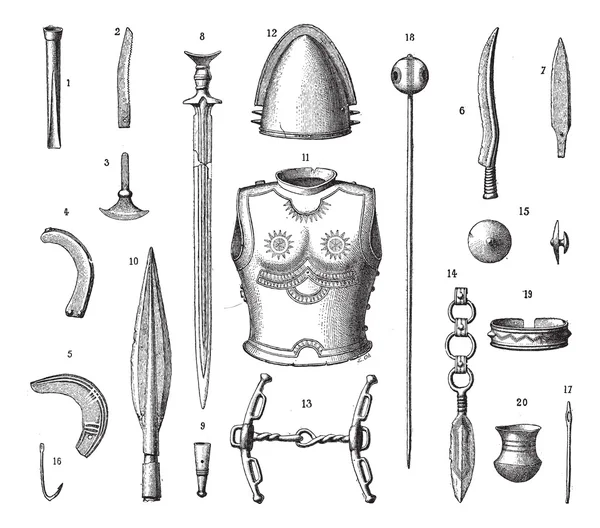 Armadura y armas francesas durante la Edad del Bronce Joven, vendimia — Vector de stock