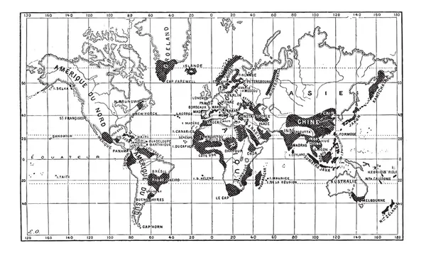 Mapa de la geografía de la lepra, grabado vintage — Vector de stock