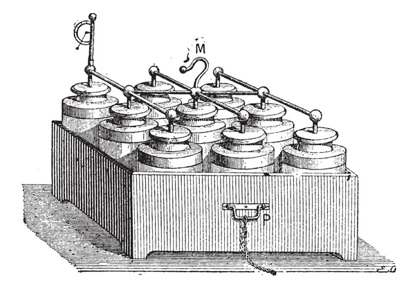 Електричний акумулятор складається з лейденської банки, vintage гравіювання — стоковий вектор