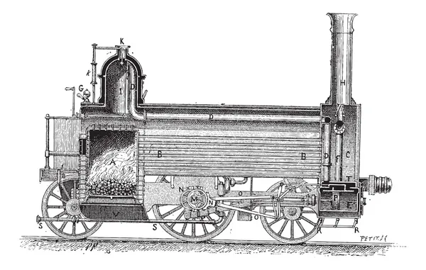 Parní lokomotiva, vintage gravírování — Stockový vektor
