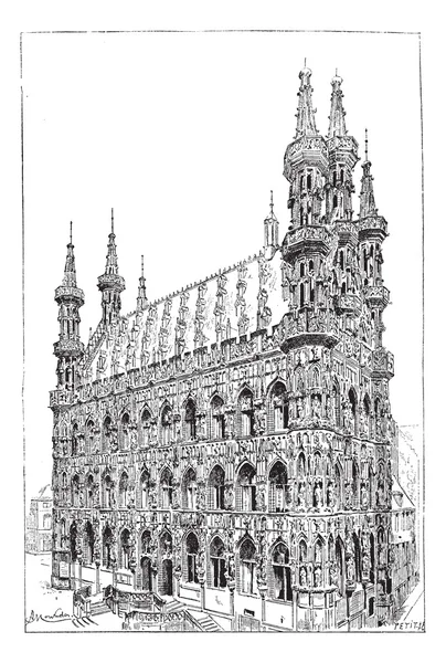Leuven rådhuset, vintage gravyr. — Stock vektor