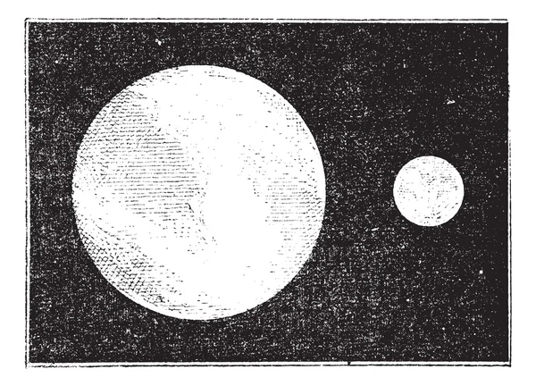 Proporții ale pământului și lunii, gravură de epocă . — Vector de stoc
