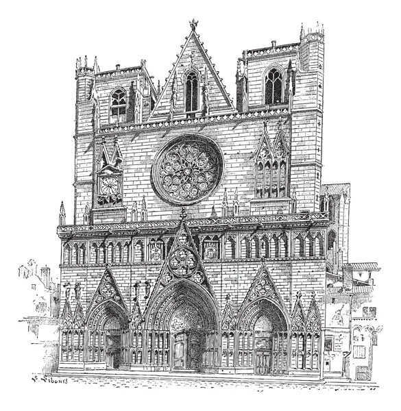 Catedral de Lyon en Lyon, Francia, grabado vintage — Vector de stock