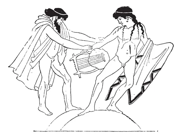 Βάζο ζωγραφική του Απόλλωνα και Βάκχος μαλώνουν για μια λύρα, vintag — Διανυσματικό Αρχείο