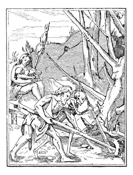 Произведения искусства Адама и смерти, работающие на земле, винтажная гравировка — стоковый вектор