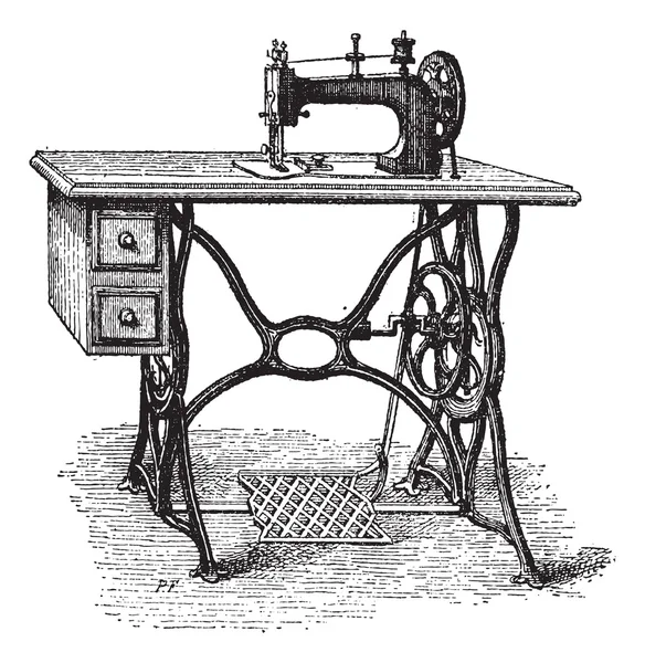Voet-aangedreven naaien machine, vintage gravure — Stockvector