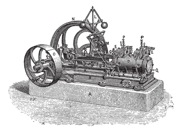 水平蒸気エンジン、ヴィンテージの彫刻 — ストックベクタ