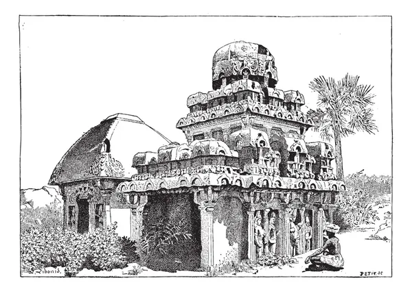 Mahabalipuram in Tamil Nadu, India, vintage engraving — Stock Vector
