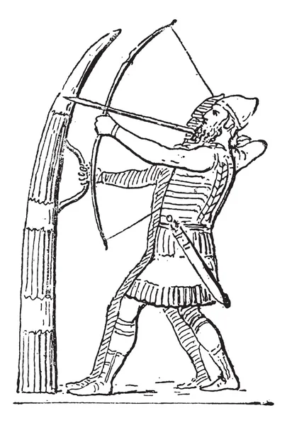 Mantlet houder vergezeld door een archer, vintage gravure — Stockvector
