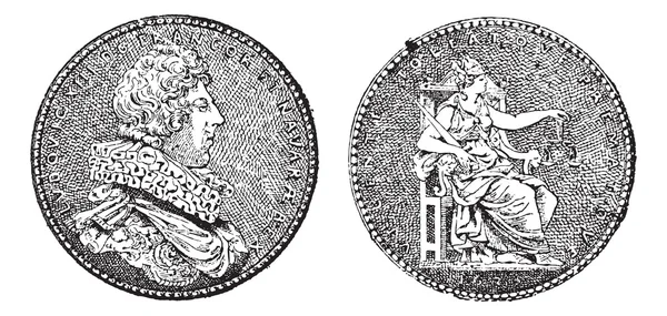 Medaille toont Koning Lodewijk xiii van Frankrijk, vintage gravure — Stockvector