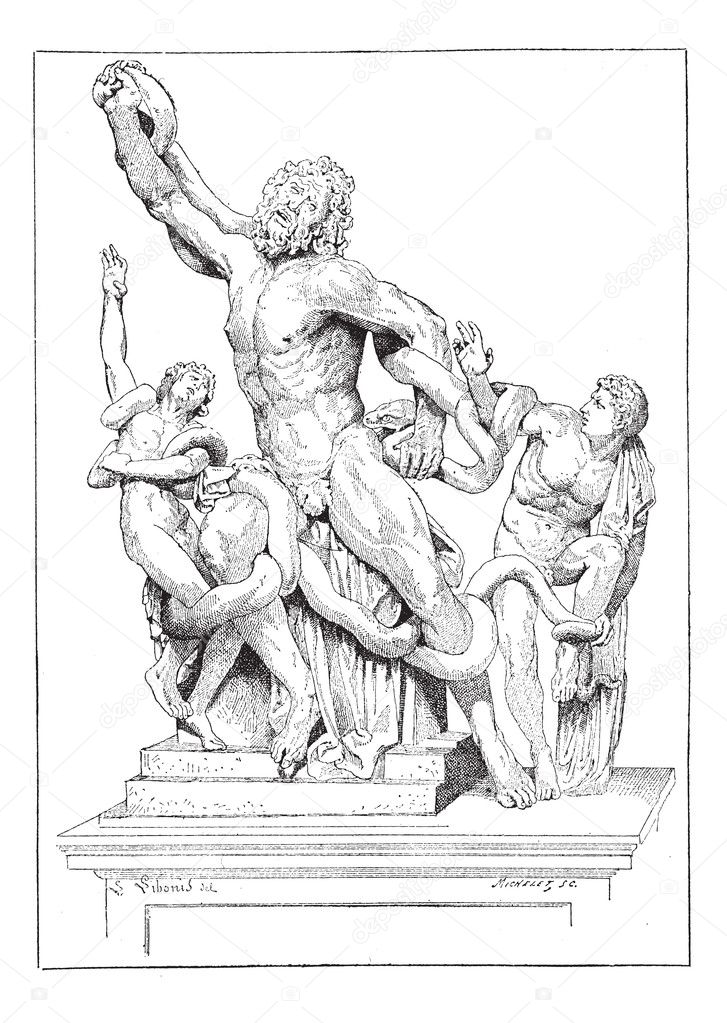 Laocoon and his sons, vintage engraving.