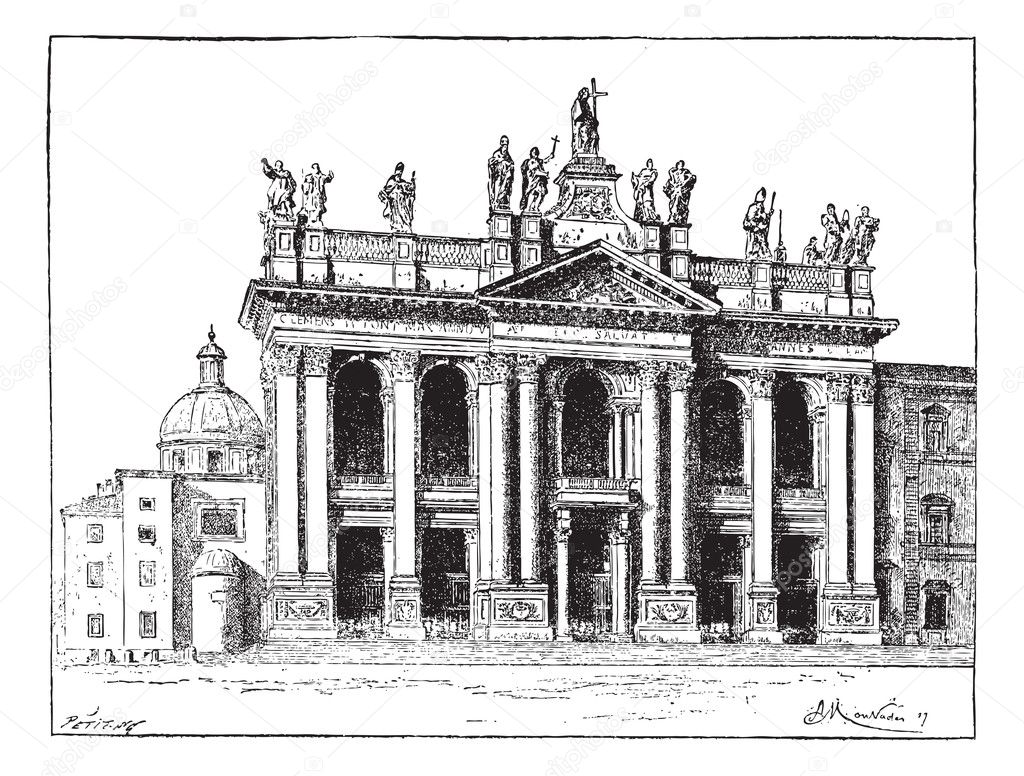 Basilica of Saint John Lateran in Vatican City, vintage engravin