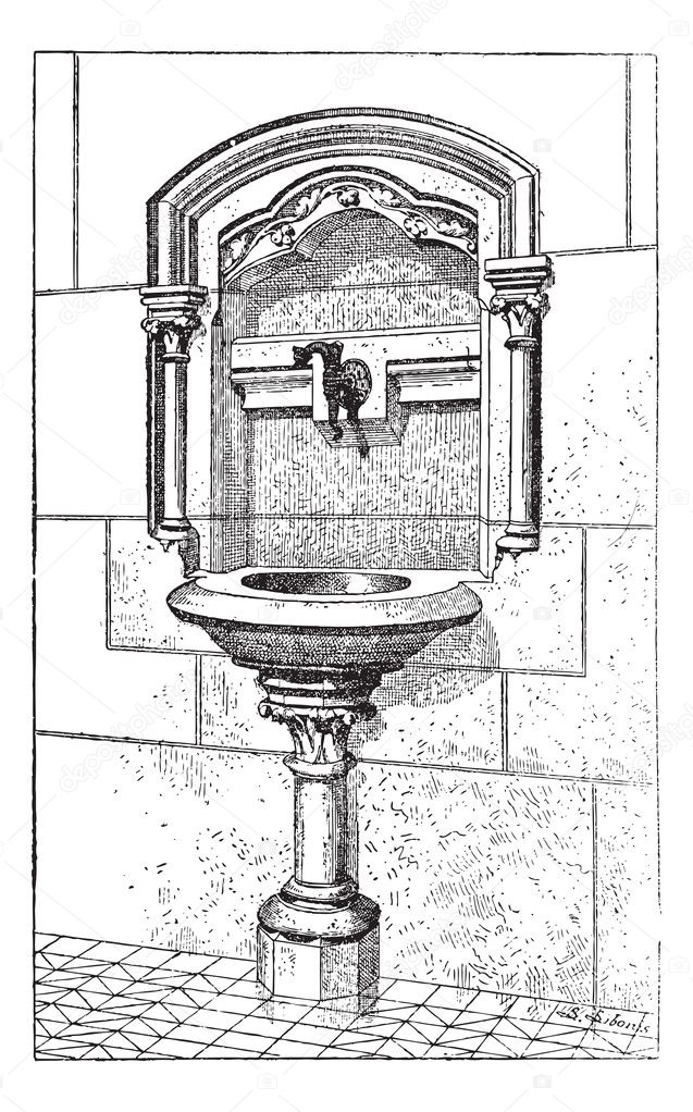 Sink at the Notre Dame Cathedral in Paris, France, vintage engra