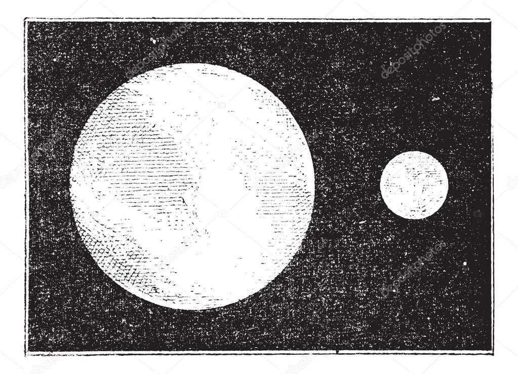 Proportions of the earth and moon, vintage engraving.