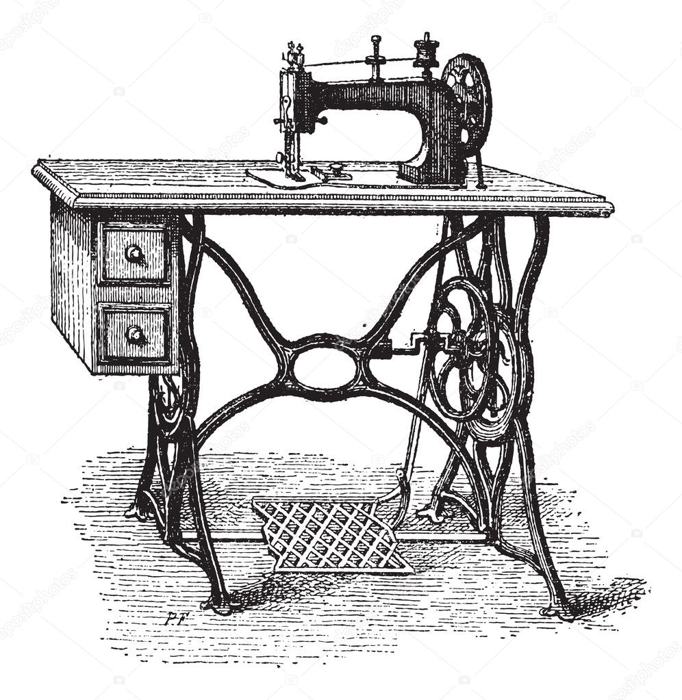 Foot-powered Sewing Machine, vintage engraving