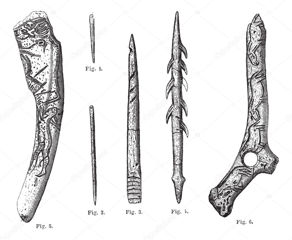 Magdalenian Tools and Weapons, vintage engraving