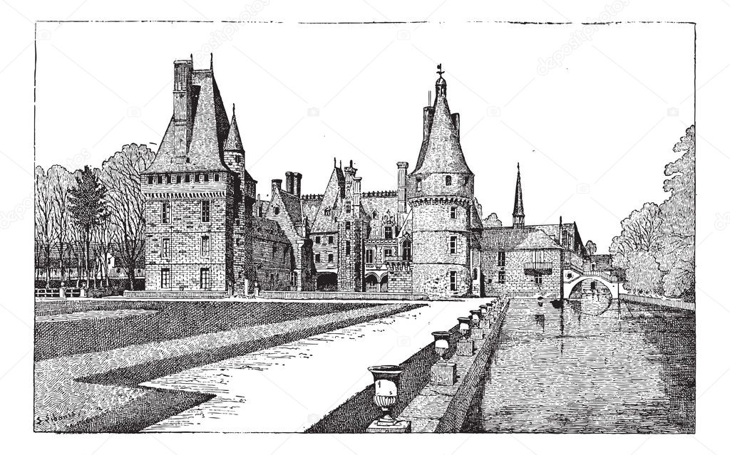 Maintenon Castle in Centre, France, vintage engraving