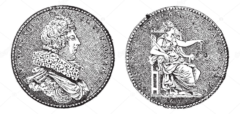Medal Showing King Louis XIII of France, vintage engraving